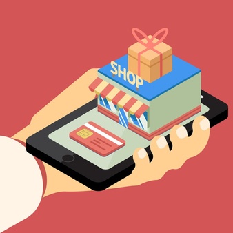 mobile store concept vector illustration with hand holding mobile phone with shop building 1284 41600