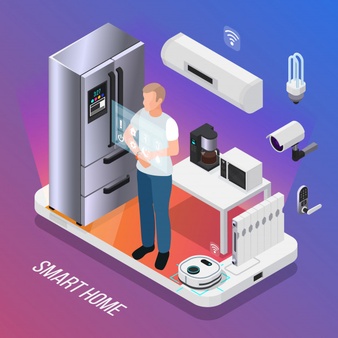 iot kitchen appliances security camera isometric composition with owner controlling smart refrigerator with touch display illustration 1284 28694