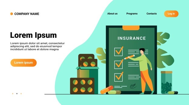 website template landing page with illustration health insurance agreement man studying insurance list among medical drugs hospital pills 74855 11266